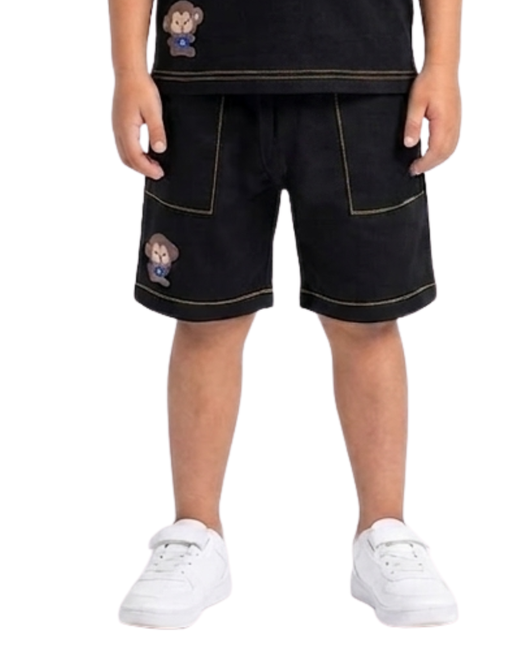 Kids Black Casual Shorts – Cartoon Patch Pocket Design