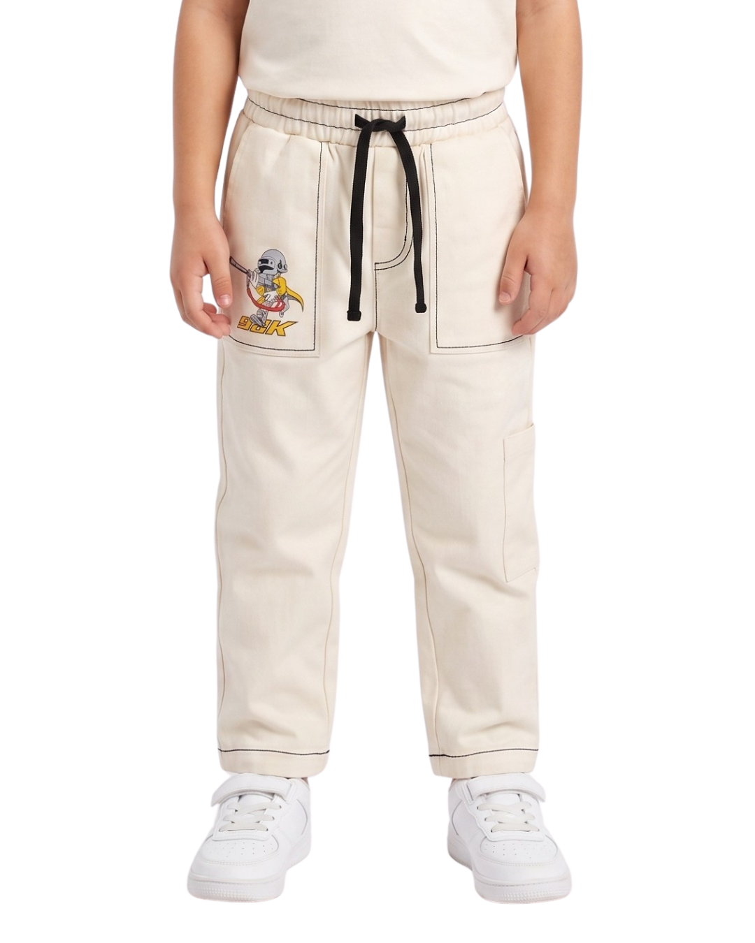 Beige Kids Trousers with Cartoon Patch & Drawstring Waist