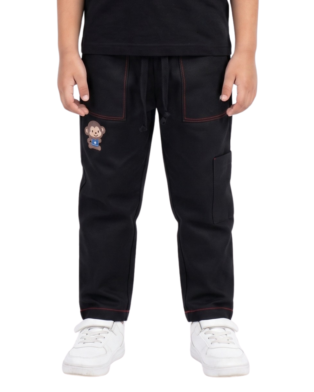Black Kids Trousers with Monkey Patch & Contrast Stitching