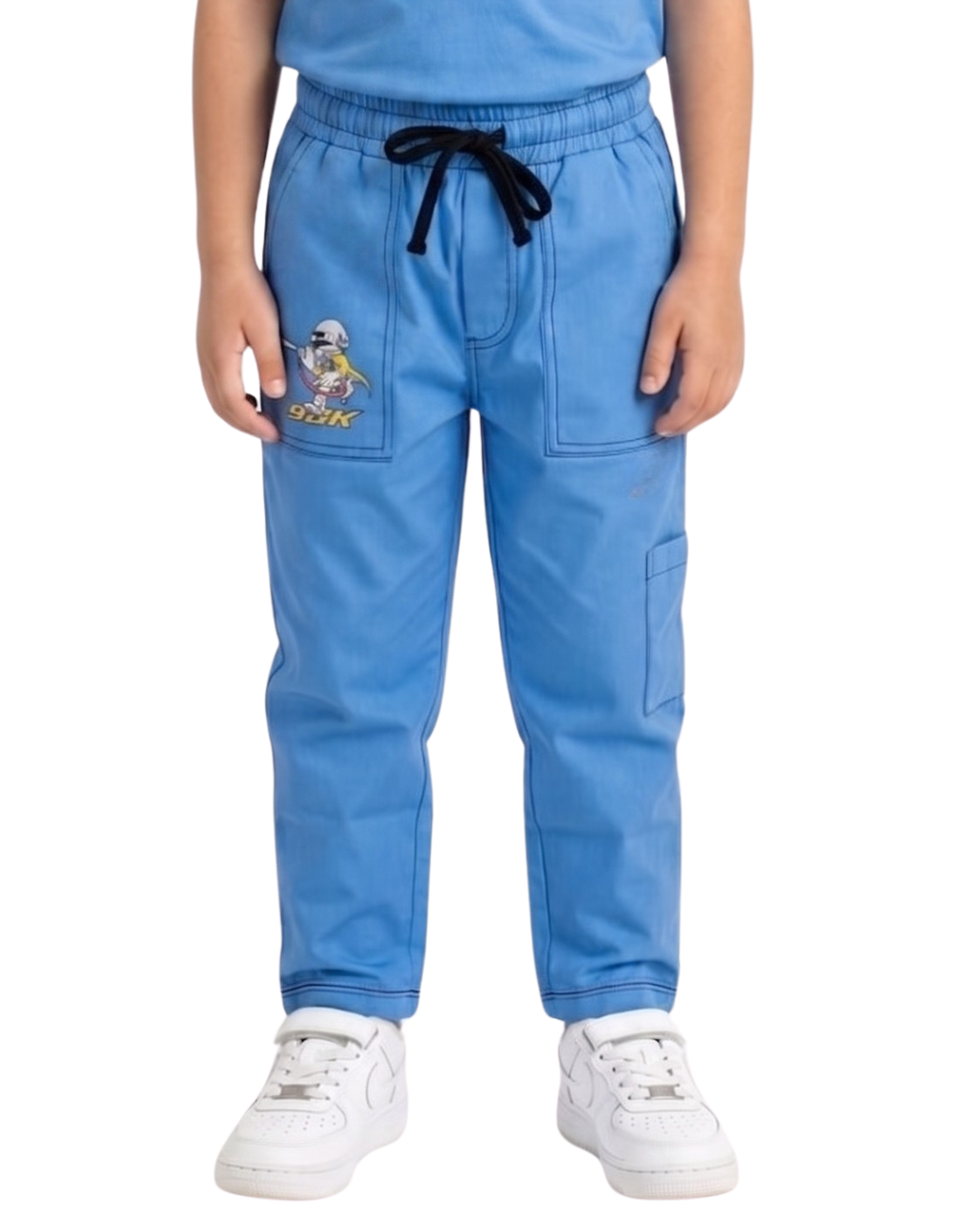 Sky Blue Kids Trousers with Graphic Patch & Adjustable Drawstring Waist