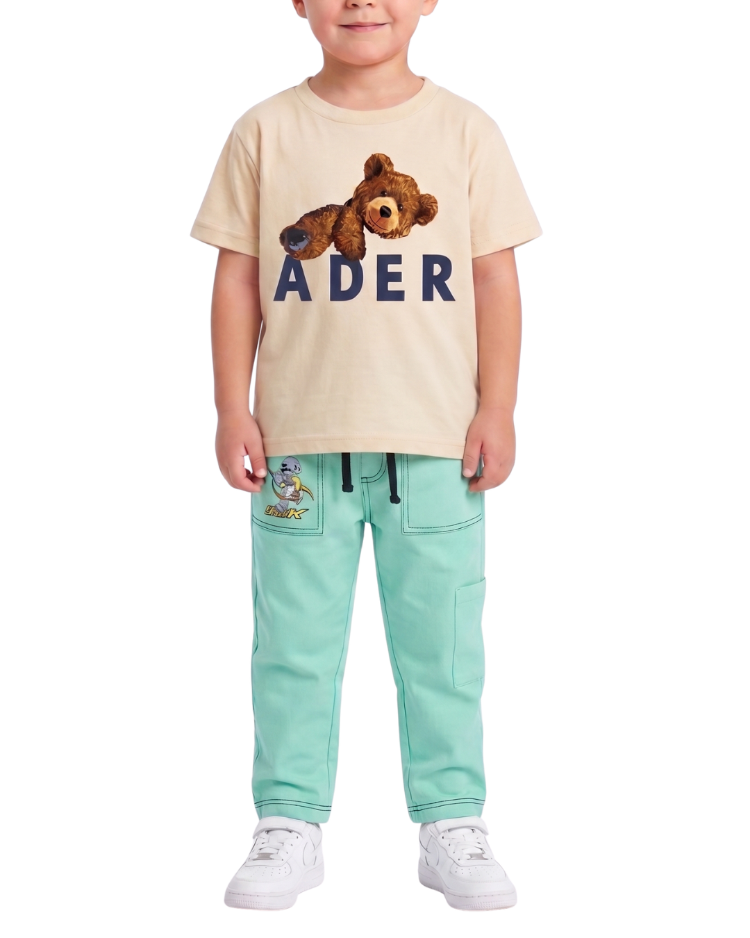 Kids Bear Graphic T-Shirt & Mint Trousers Set with Drawstring Waist