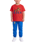 Kids Red Bear Graphic T-Shirt & Blue Trousers Set with Drawstring Waist
