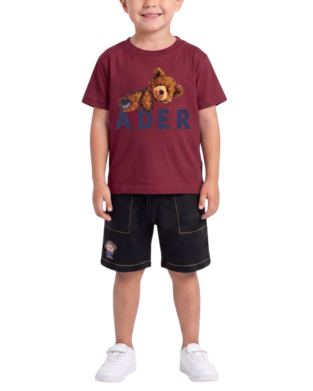 Kids Maroon Bear Graphic T-Shirt & Black Shorts Set with Contrast Stitching