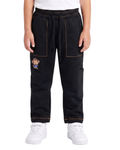 Kids Black Trousers with Cartoon Patch, Contrast Stitching & Drawstring Waist