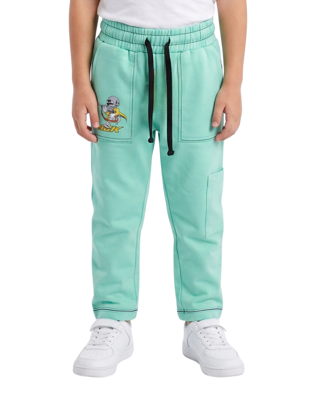 Kids Mint Green Trousers with Graphic Patch & Drawstring Waist