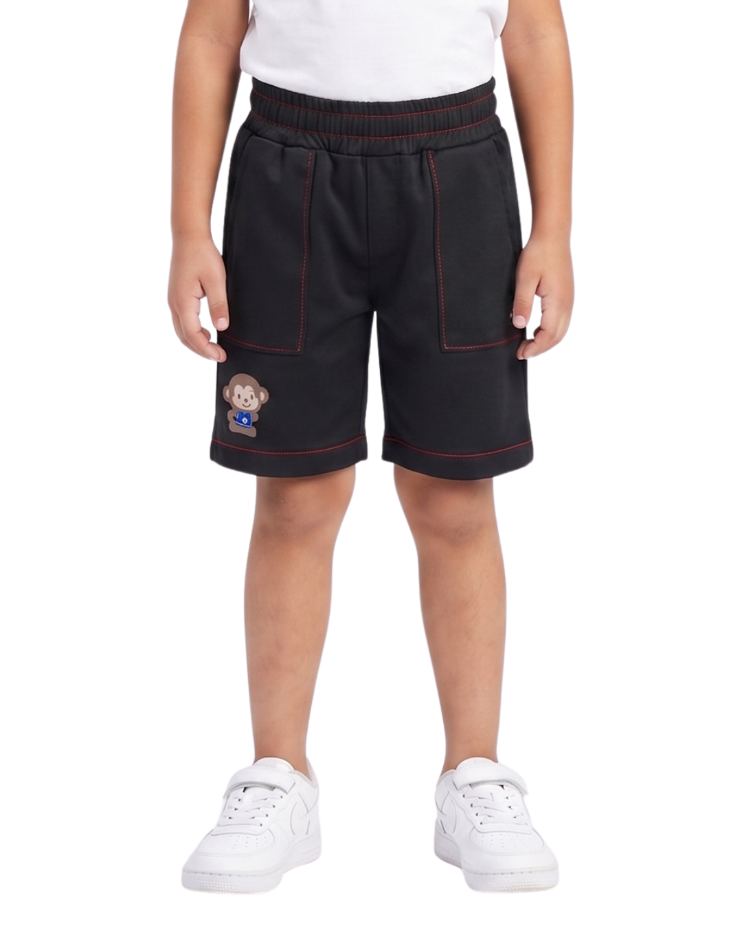 Kids Black Cartoon Patch Shorts with Contrast Red Stitching & Elastic Waist