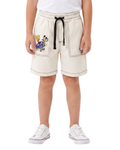 Kids Beige Cartoon Print Shorts with Drawstring Waist & Contrast Stitching