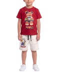 Kids Red Graphic T-Shirt & Beige Cartoon Print Shorts Set with Drawstring Waist