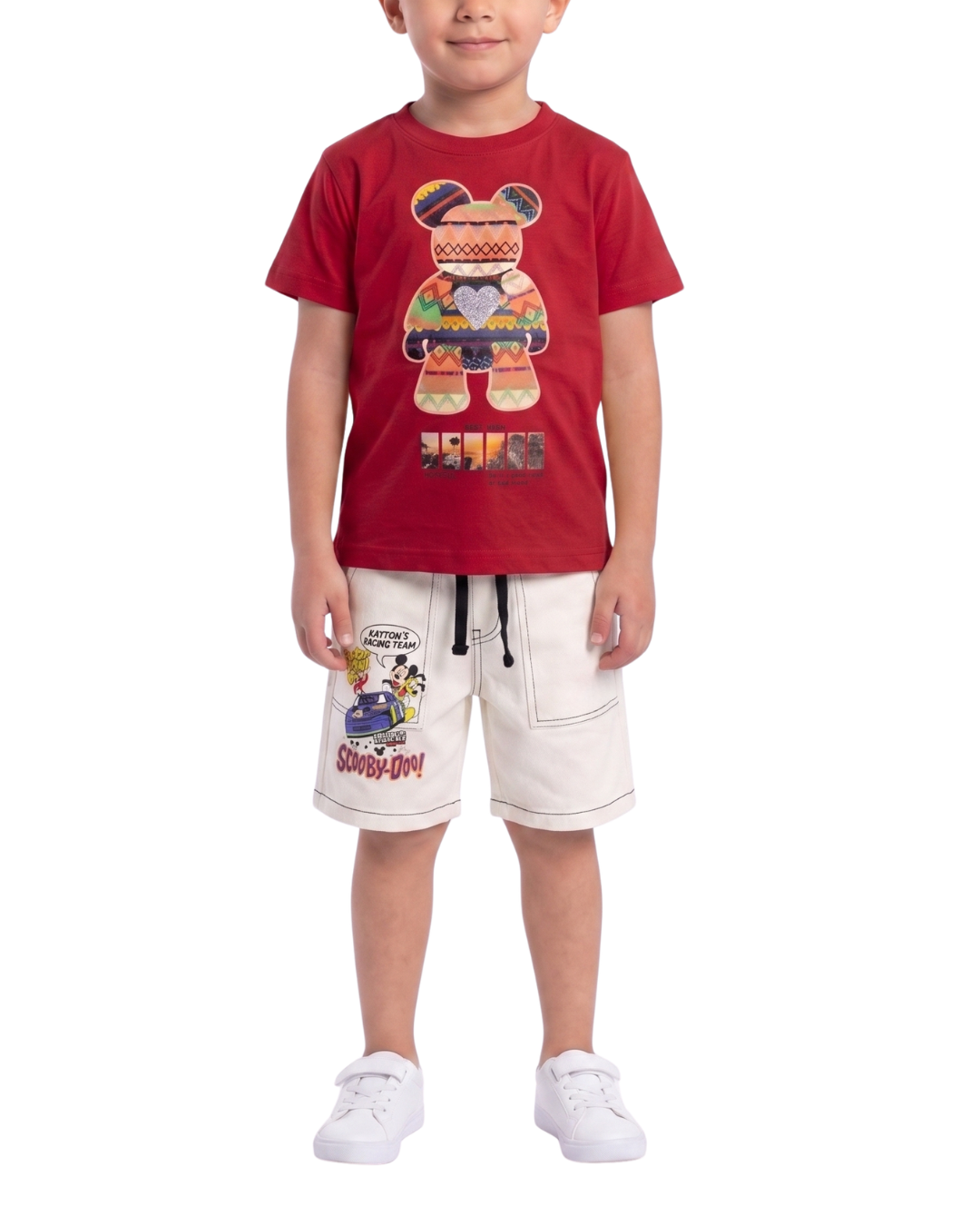 Kids Red Graphic T-Shirt & Beige Cartoon Print Shorts Set with Drawstring Waist