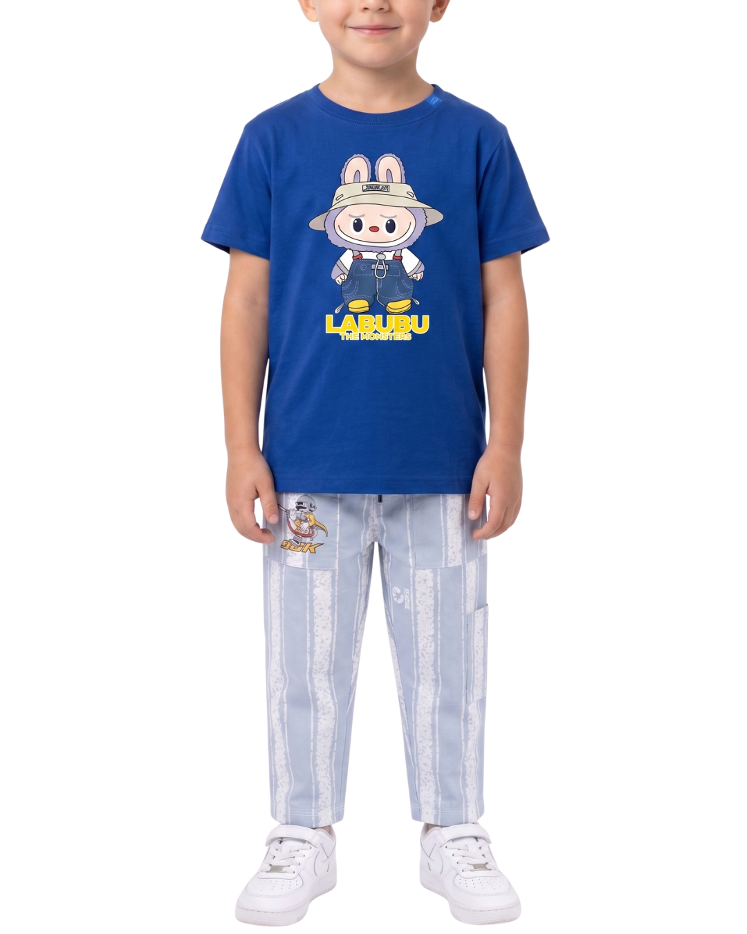 Kids Labubu Graphic T-Shirt & Striped Trousers Set with Drawstring Waist