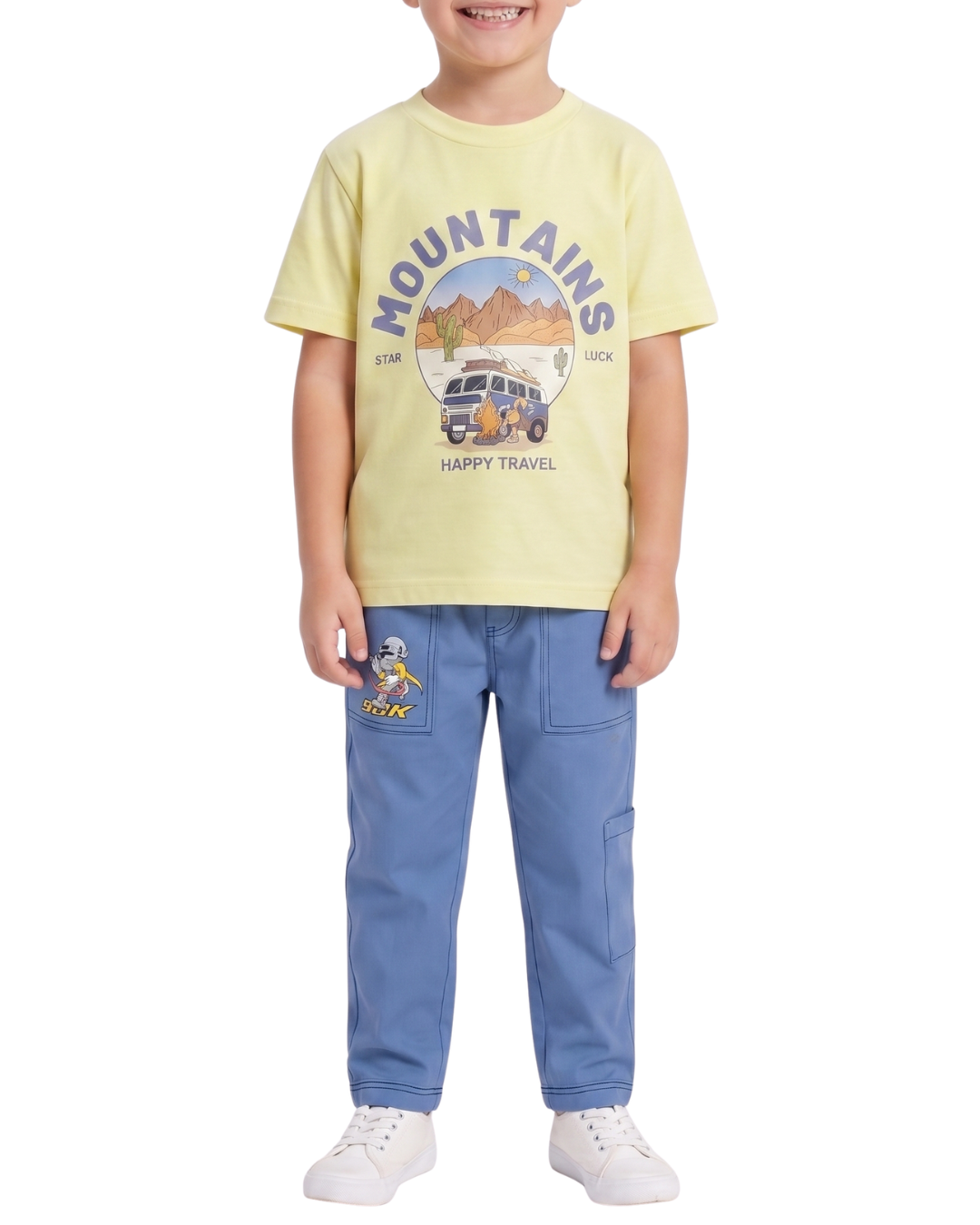Kids Mountains Graphic T-Shirt & Blue Trousers Set with Drawstring Waist